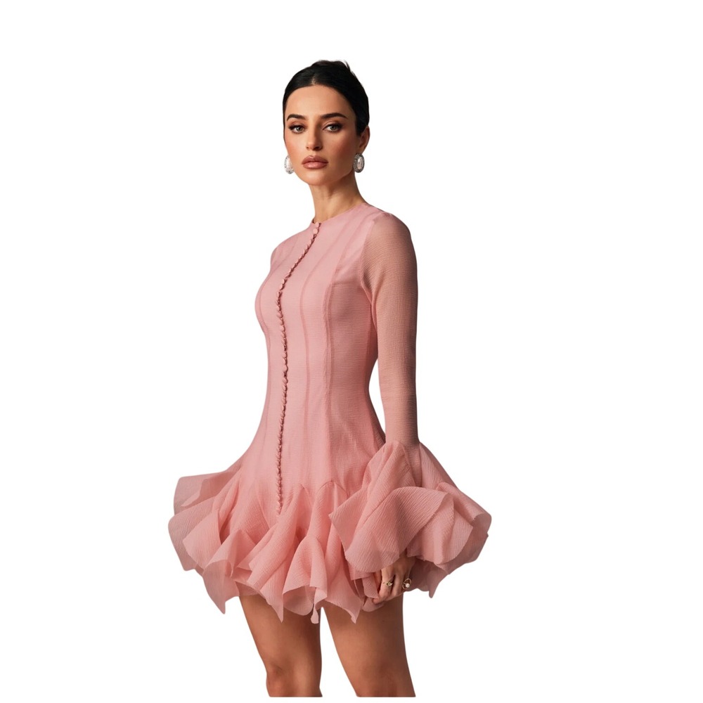 Blush Pink Ruffle Mini Dress Long Bell Sleeve Button Front Size S NEW